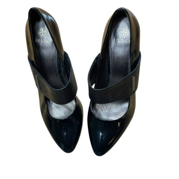 Isola Black Patent Leather Heels With Croc-Embossed Strap Womens Size 9M - Picture 6 of 12